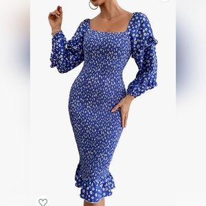 NEW PRETTYGARDEN Women's Long Puff Sleeve Floral Midi Bodycon Square Neck Dress.